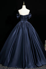 A-line Navy Blue Satin Sweetheart Formal Dress, Navy Blue Floor Length Evening Dress Prom Dress