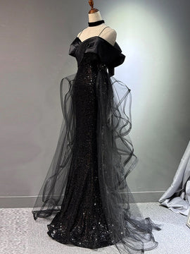 Black Sequins and Tulle Sweetheart Long Formal Dress, A-line Black Off Shoulder Prom Dress