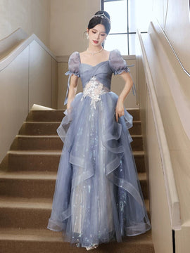 A-line Blue Tulle with Lace Applique Prom Dress, Blue Tulle Short Sleeves Long Formal Dress