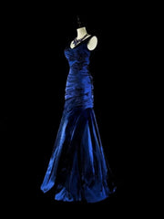 Blue V-neckline Mermaid Taffeta Long Formal Dress, Blue Charming Floor Length Prom Dress