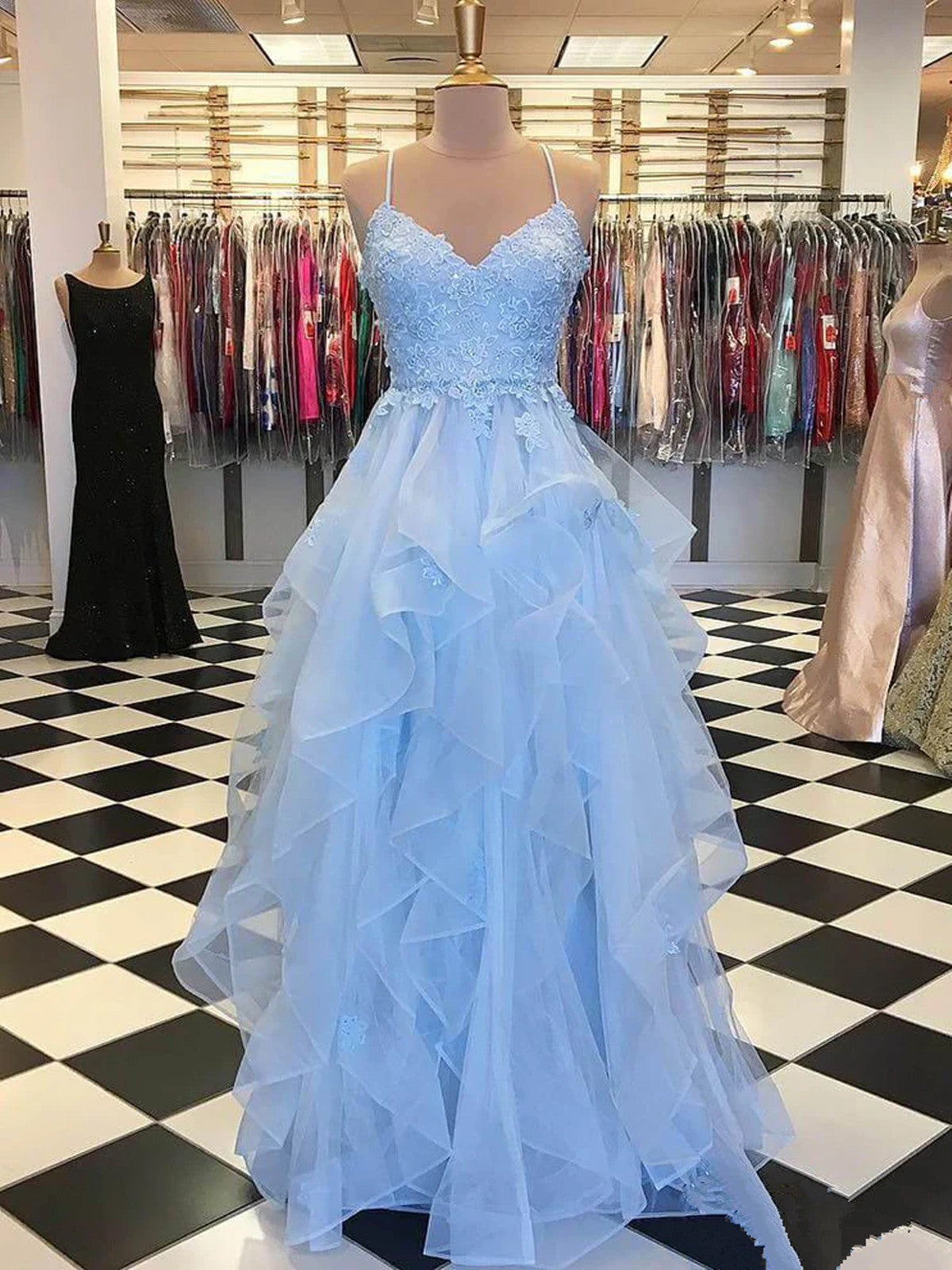 A-line Light Blue Tulle V-neckline Straps Party Dress, Light Blue Long Prom Dress with Lace
