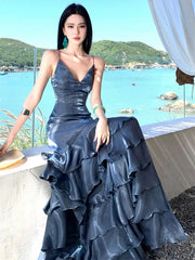 A-line V-neckline Layers Satin Long Party Dress with Leg Slit, Straps Long Prom Dress