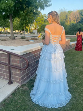 Light Blue Tulle Sweetheart Layers Prom Dress, A-line Blue Long Party Dress Evening Dress