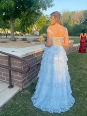 Light Blue Tulle Sweetheart Layers Prom Dress, A-line Blue Long Party Dress Evening Dress