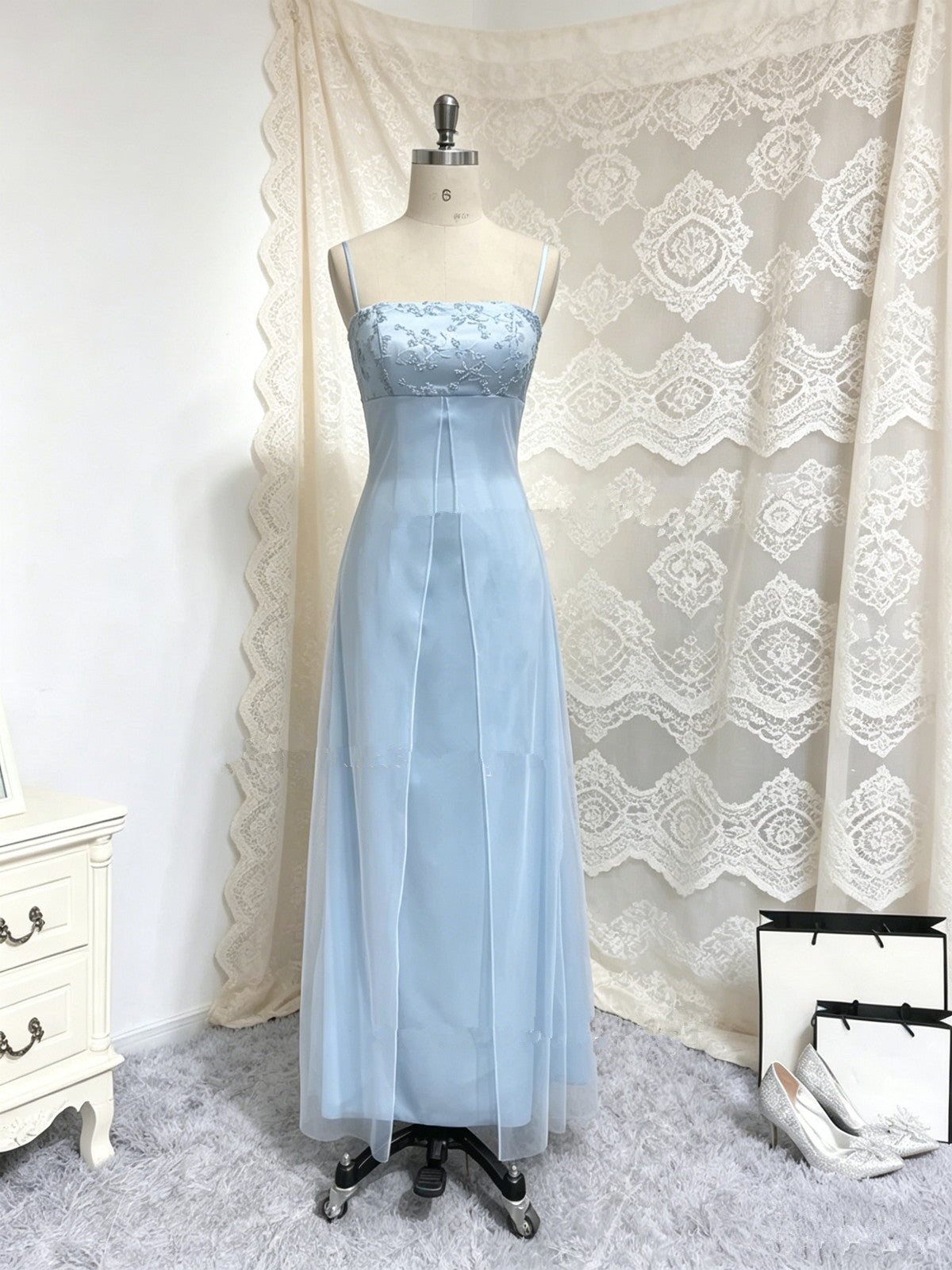 A-line Light Blue Satin and Tulle Straps Prom Dress, Light Blue Scoop – Cutedressy