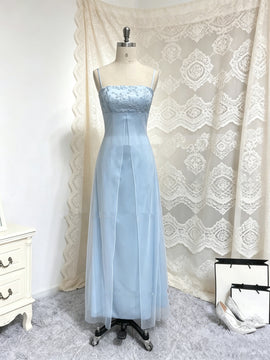 A-line Light Blue Satin and Tulle Straps Prom Dress, Light Blue Scoop Long Evening Dress