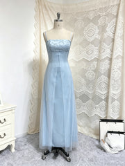A-line Light Blue Satin and Tulle Straps Prom Dress, Light Blue Scoop Long Evening Dress