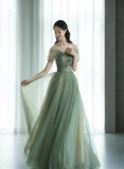 A-line Green Tulle Off Shoulder with Flowers Prom Dress, Green Tulle Evening Dress