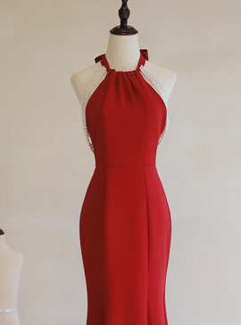 Red Mermaid Halter Long Evening Dress, Red Backless Formal Dress Prom Dress