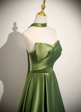 Green Satin Strapless Sweetheart A-line Prom Dress, Green Satin Long Evening Dress