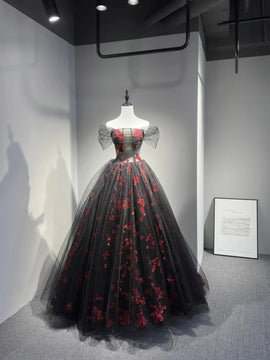 Black A-line Off Shoulder Floral Sweetheart Tulle Party Dress, Black Long Prom Dress