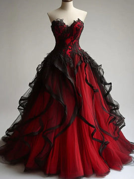 Black and Red Sweetheart Tulle with Lace Party Dress, Black and Red Long Prom Dress
