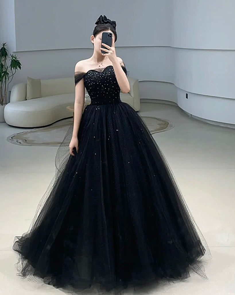 Black Sweetheart Beaded Off Shoulder Party Dress, Black Tulle Prom Dre