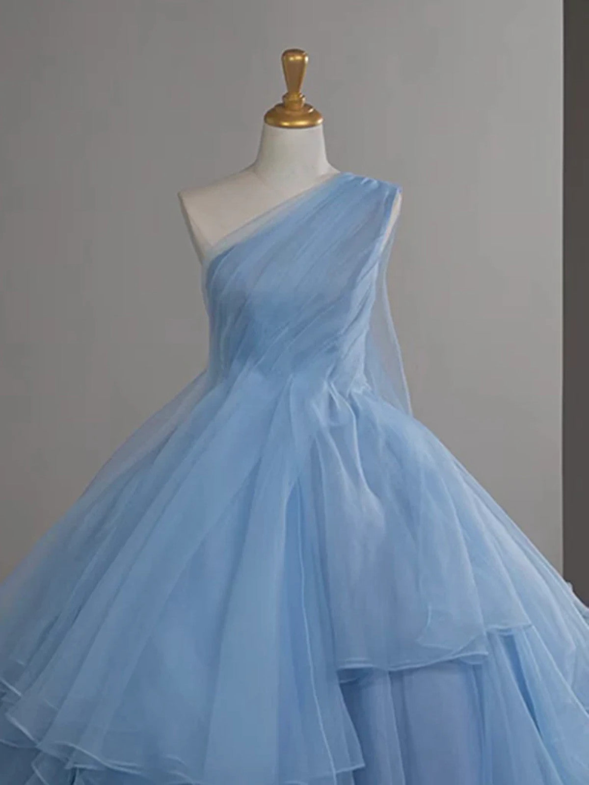 Lovely Blue Layers One Shoulder Long Formal Dress, Blue Ball Gown Evening Dress