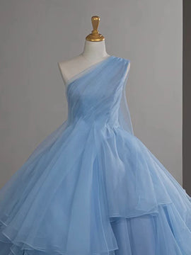 Lovely Blue Layers One Shoulder Long Formal Dress, Blue Ball Gown Evening Dress