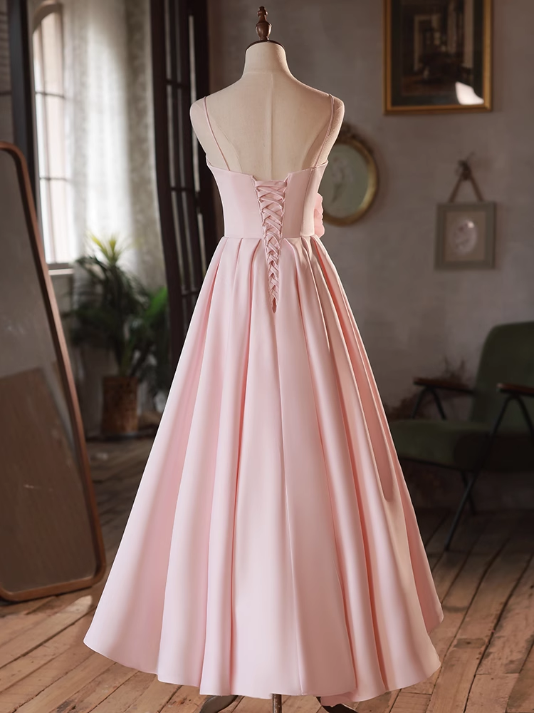 Pink Straps Sweetheart Long Satin Wedding Party Dress, Pink Formal Dress Prom Dress