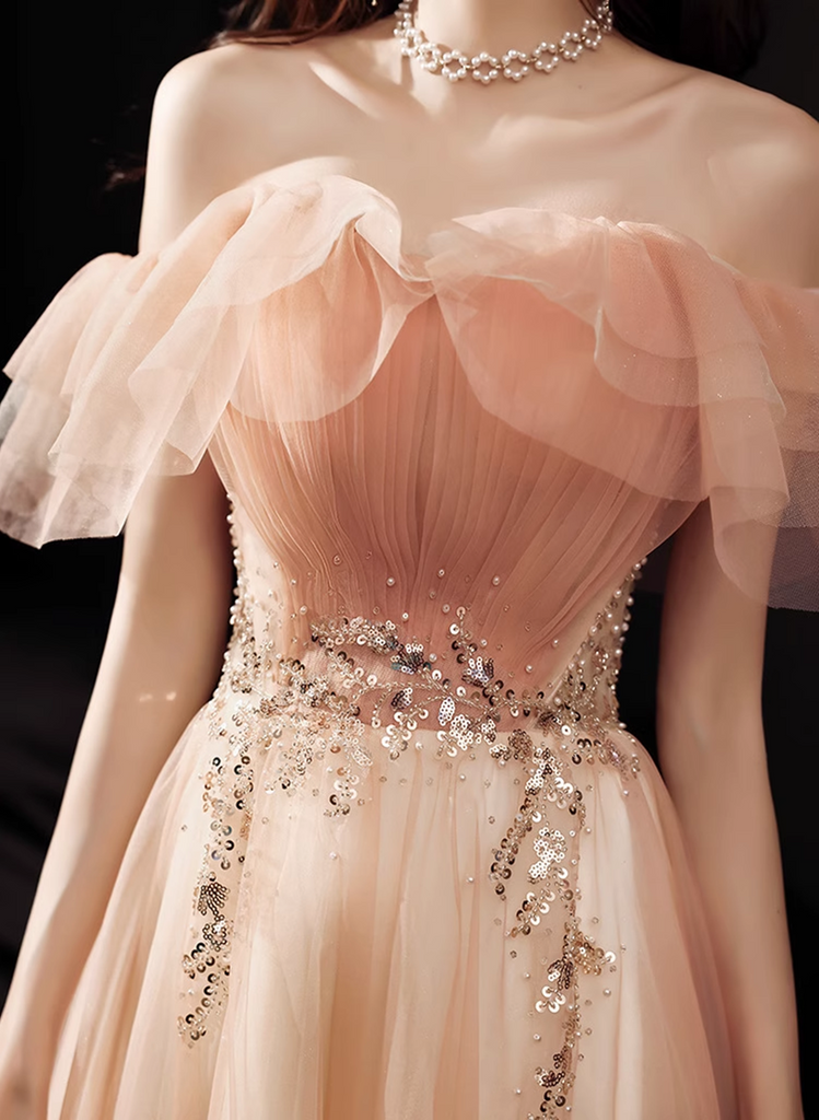 A-line Pink Floor Length Party Dress Prom Dress, Pink Off Shoulder For
