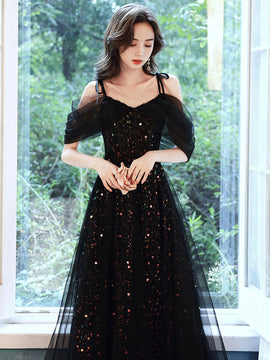 Charming Black A-line Sequins Off Shoulder Party Dress, Black Sequins Prom Dress