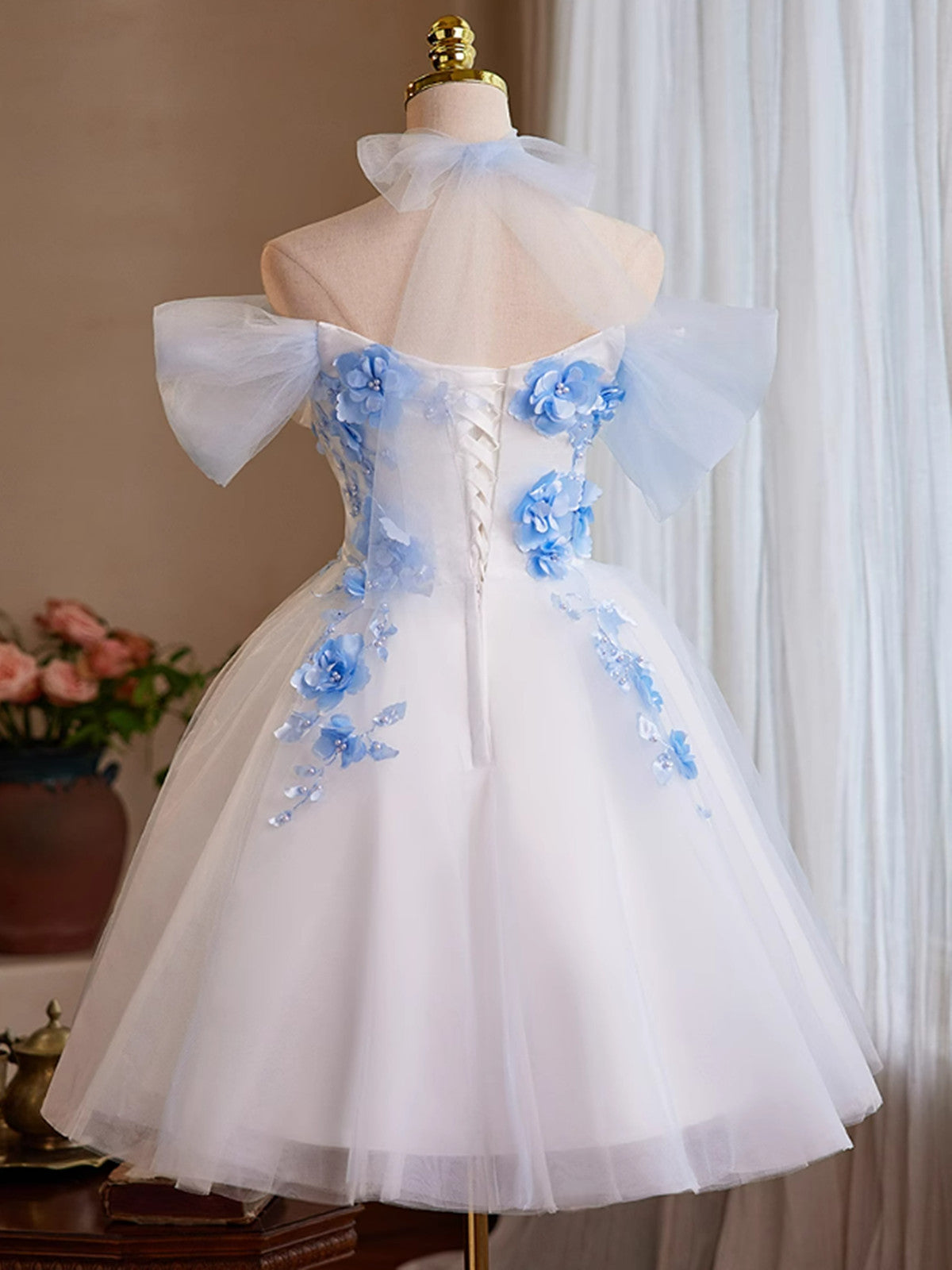Cute White Short Tulle with Flowers Homecoming Dress, Cute White Short Party Dress