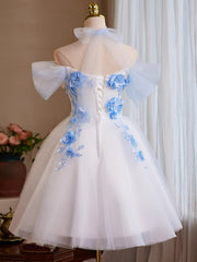 Cute White Short Tulle with Flowers Homecoming Dress, Cute White Short Party Dress