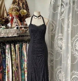 Black Lace Mermaid Straps Gothic Long Prom Dress, Black Lace Evening Dress Party Dress