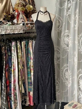 Black Lace Mermaid Straps Gothic Long Prom Dress, Black Lace Evening Dress Party Dress
