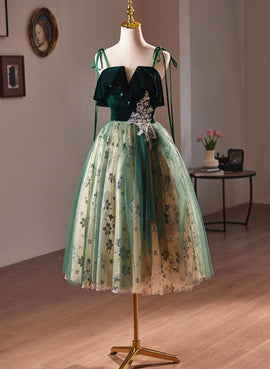 Green Tulle Knee Length Straps Homecoming Dress, Green Homecoming Dress