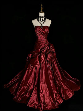 Charming Strapless Ruched Prom Dress with Beads, Ball Gown Long Formal Dress Party Dress