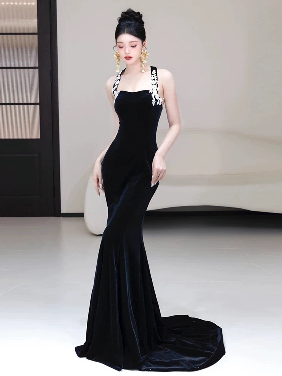 Black Mermaid Velvet Halter Long Party Dress, Black Velvet Evening Dress Prom Dress Black Mermaid Velvet Halter Long Party Dress, Black Velvet Evening Dress Prom Dress