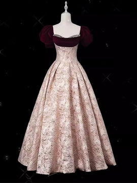 Cute Pink Floral Beaded Short Sleeves Prom Dress, A-line Pink Floor Length Evening Dress