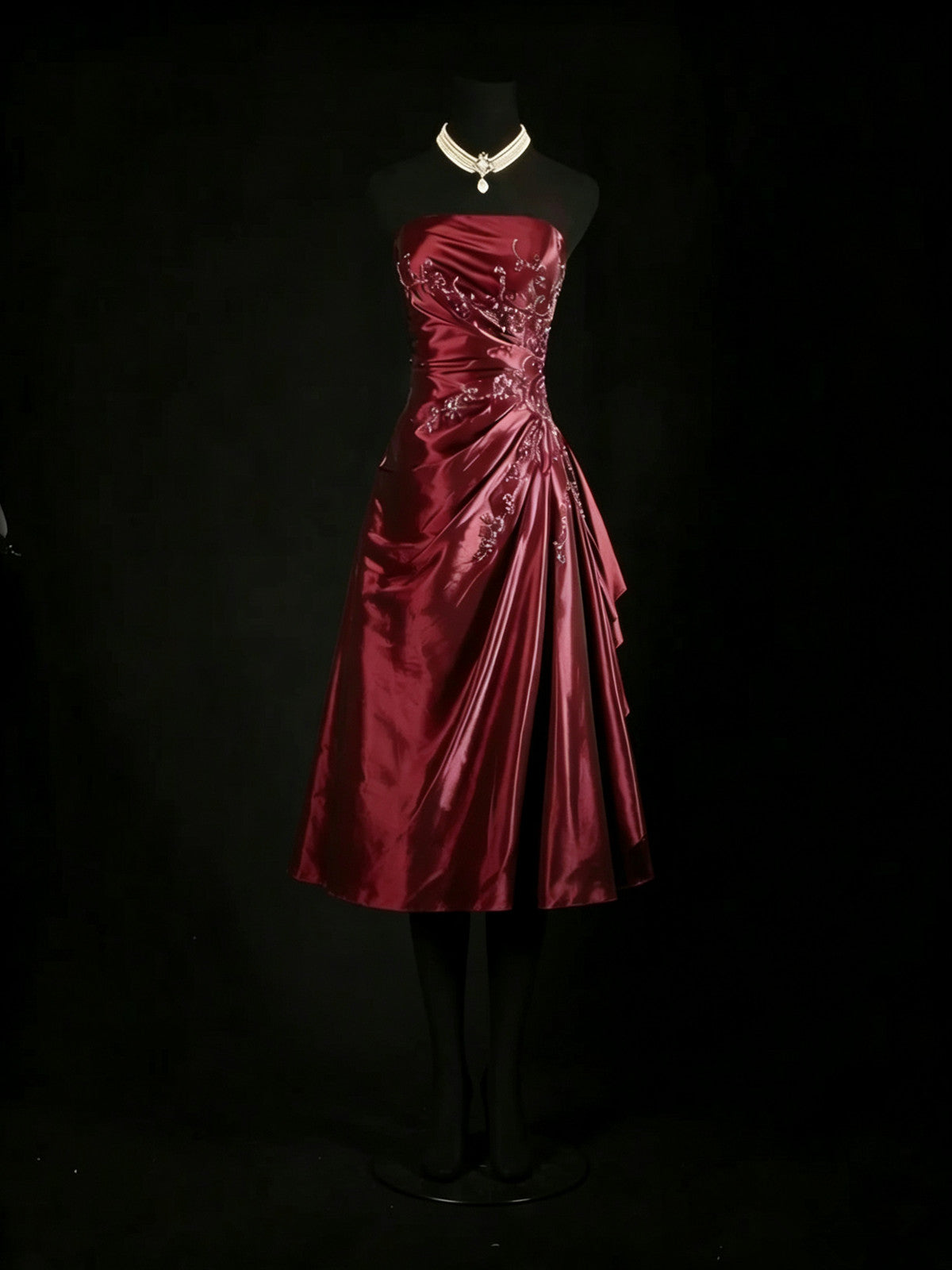 Chic Wine Red Taffeta Beaded Strapless Homecoming Dress, Wine Red Knee Length Short Party Dress