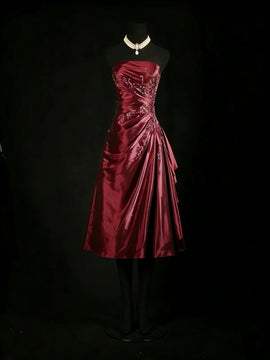 Chic Wine Red Taffeta Beaded Strapless Homecoming Dress, Wine Red Knee Length Short Party Dress