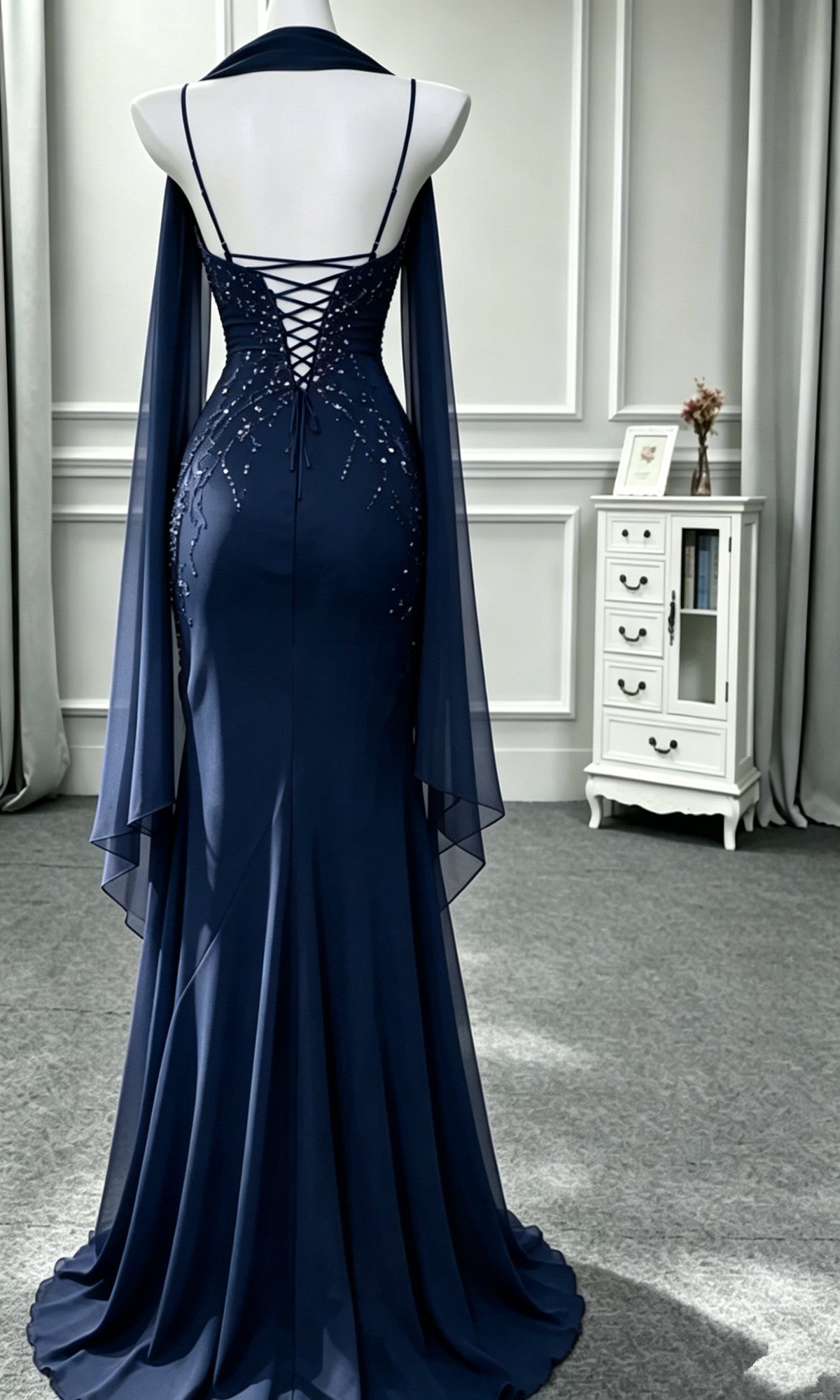 Navy Blue Chiffon Mermaid Straps Long Formal Dress, Navy Blue Lace-up with Lace Evening Dress
