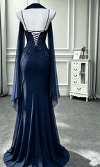 Navy Blue Chiffon Mermaid Straps Long Formal Dress, Navy Blue Lace-up with Lace Evening Dress