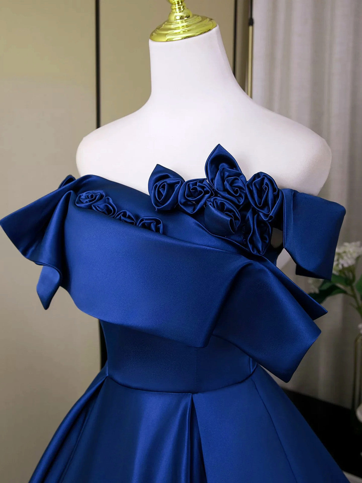 Blue Satin Flowers Off Shoulder Floor Length Party Dress, Blue Satin A-line Prom Dress