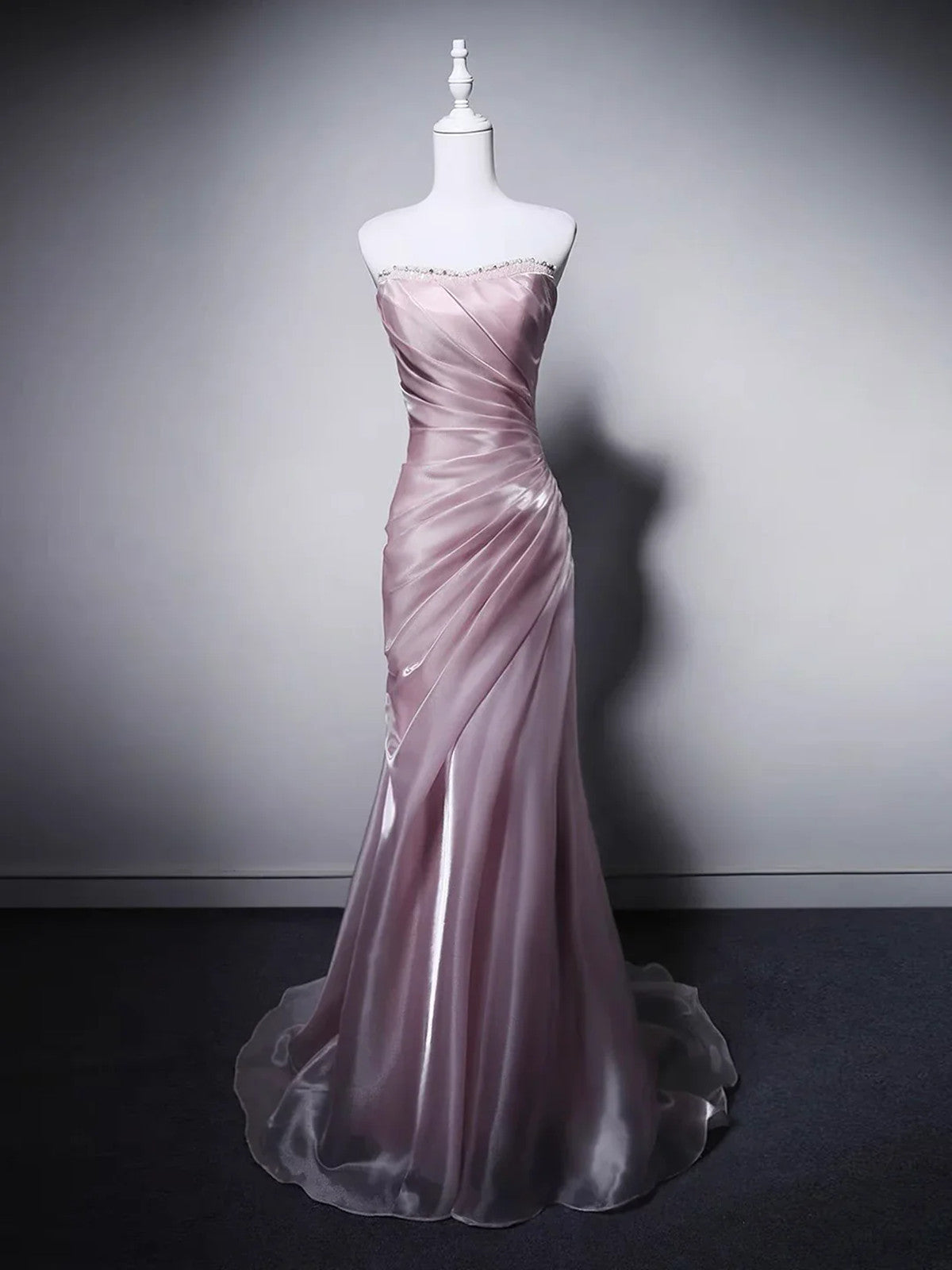 Elegant Pink Strapless Beaded Sweetheart Long Party Dress, Pink Floor Length Lace-up Prom Dress
