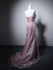 Elegant Pink Strapless Beaded Sweetheart Long Party Dress, Pink Floor Length Lace-up Prom Dress