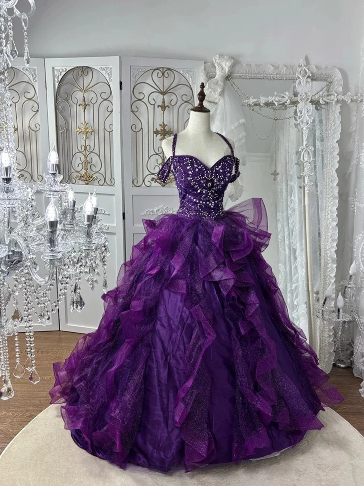 Purple Beaded Sweetheart Ball Gown Tulle Sweet 16 Dress, Purple Off Shoulder Long Formal Dress