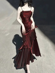 Wine Red Straps Gothic Straps Long Evening Dress, Wine Red Chic Party Dress Prom Dress
