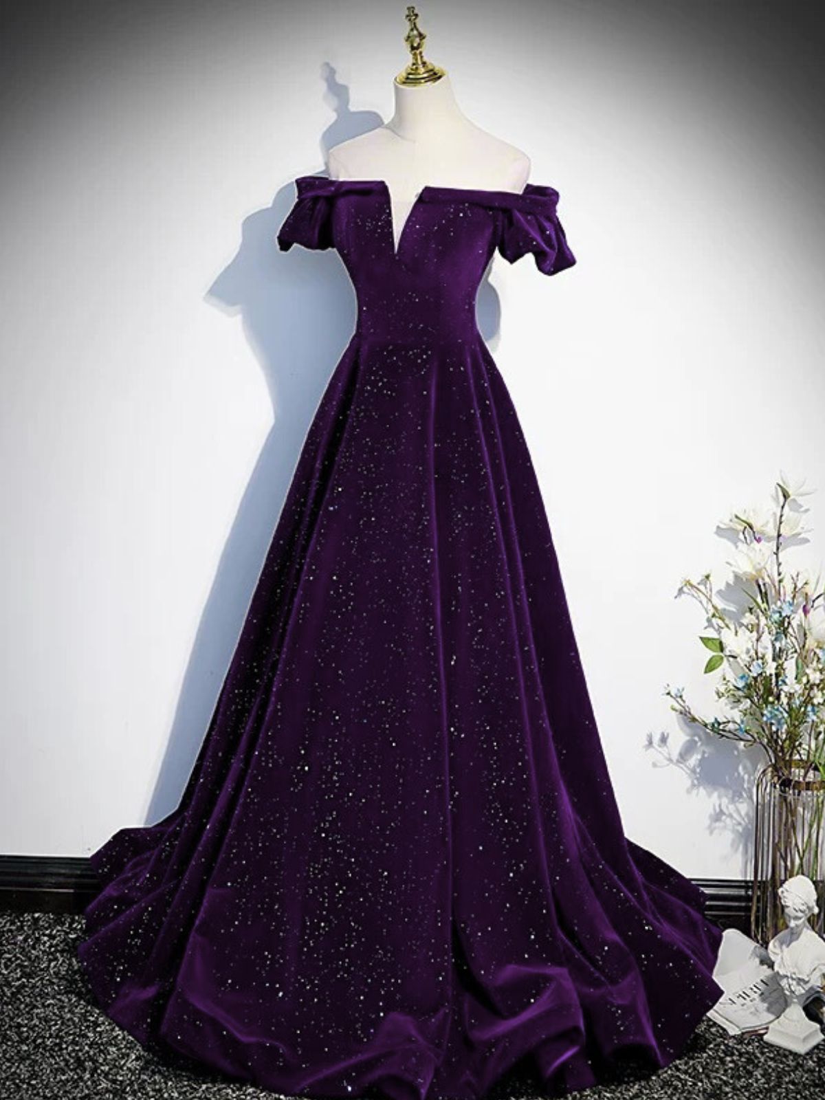 Glam Purple Velvet Off Shoulder Long Evening Dress, A-line Purple Velvet Prom Dress Glam Purple Velvet Off Shoulder Long Evening Dress, A-line Purple Velvet Prom Dress