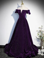 Glam Purple Velvet Off Shoulder Long Evening Dress, A-line Purple Velvet Prom Dress