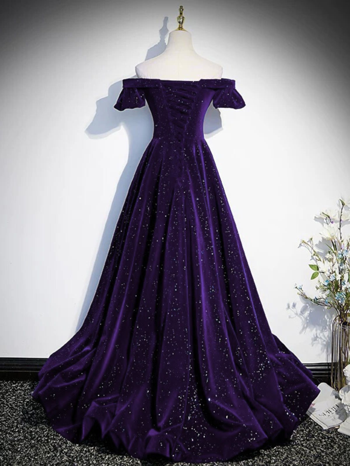 dark purple velvet dress Glam Purple Velvet Off Shoulder Long Evening Dress, A-line Purple Velv – Cutedressy