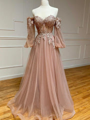 A-line Pink Sweetheart Prom Dress Party Dress, Off Shoulder Long Party Dress