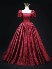 Vintage Square Neck Wine Red Prom Gown, Short Sleeves Evening Dress Party Dress