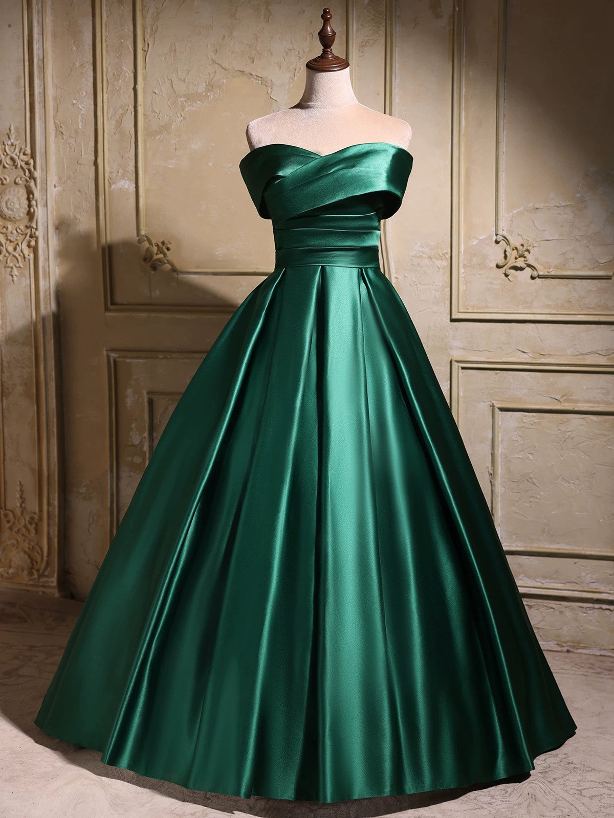 Elegant Emerald Green Satin Off-Shoulder Prom Dress, Long A-Line Formal Dress