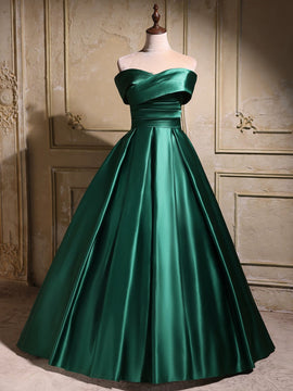 Elegant Emerald Green Satin Off-Shoulder Prom Dress, Long A-Line Formal Dress