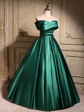 Elegant Emerald Green Satin Off-Shoulder Prom Dress, Long A-Line Formal Dress