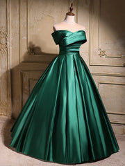 Elegant Emerald Green Satin Off-Shoulder Prom Dress, Long A-Line Formal Dress