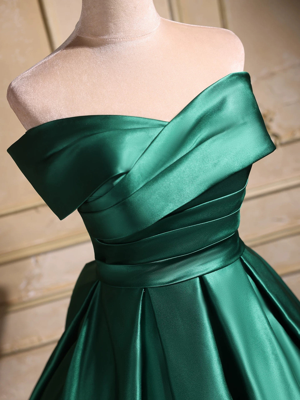 Elegant Emerald Green Satin Off-Shoulder Prom Dress, Long A-Line Formal Dress