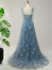 Blue Floral Embroidery Tulle Prom Dress,  A-Line Fairy Gown Blue Party Dress
